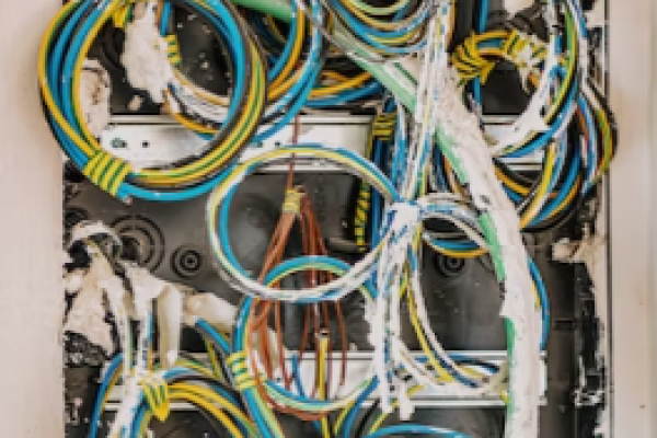 Several different-colored wires are left open and unprotected.